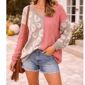 BiBi Pink Gray Leopard Print Cable Knit Sweater V Neck Colorblock Women's XL